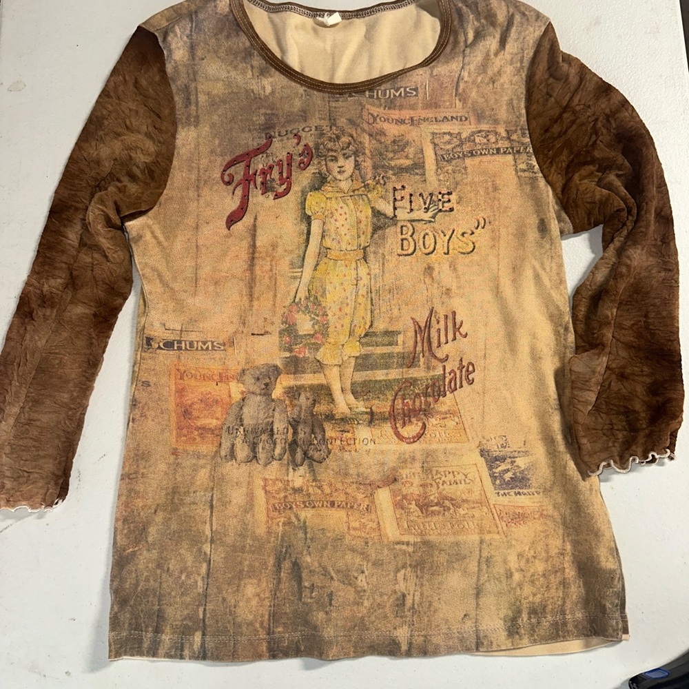 Vintage Graphic Long Sleeve Top in Brown and Tan